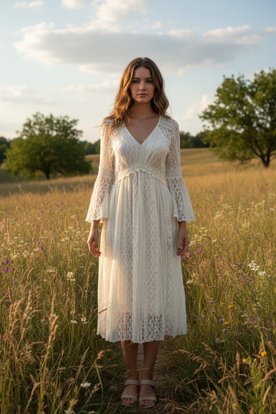 Origami Ivory Lace Empire Waist Dress Small